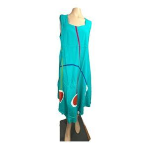 JUNGLEE BILLEE Boho Sleeveless Dress Free Size Teal Abstract Floral Appliqué #8